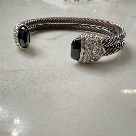 Cable Cuff Bracelet with Black Crystals and CZ, Silver Tone Adjustable Open Cuff - Picture 9 of 16